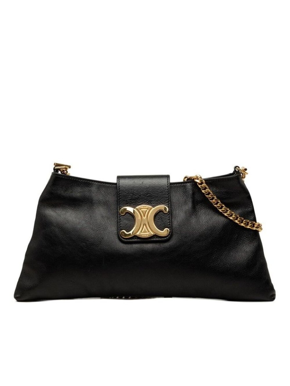 Celine Triomphe Chain Shoulder Bag Black Leather